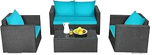 4 Piece Patio Rattan Conversation Furniture Set, Outdoor Wicker Sofa Set with Padded Cushion & Tempered Glass Coffee Table, Wic