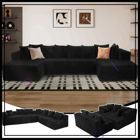 130" U-Shaped Cloud Sofa Bed, Modular Corduroy Sectional Couch with Deep Seat & 8 Pillows, No Assembly