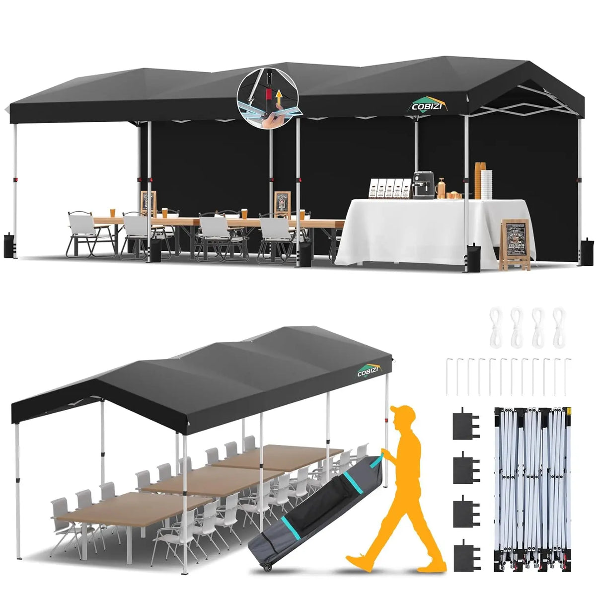 10x30 Pop Up Canopy Tent Waterproof UV50+ with 3 Sidewalls Roller Bag Outdoor Party Commercial Use, Customized
