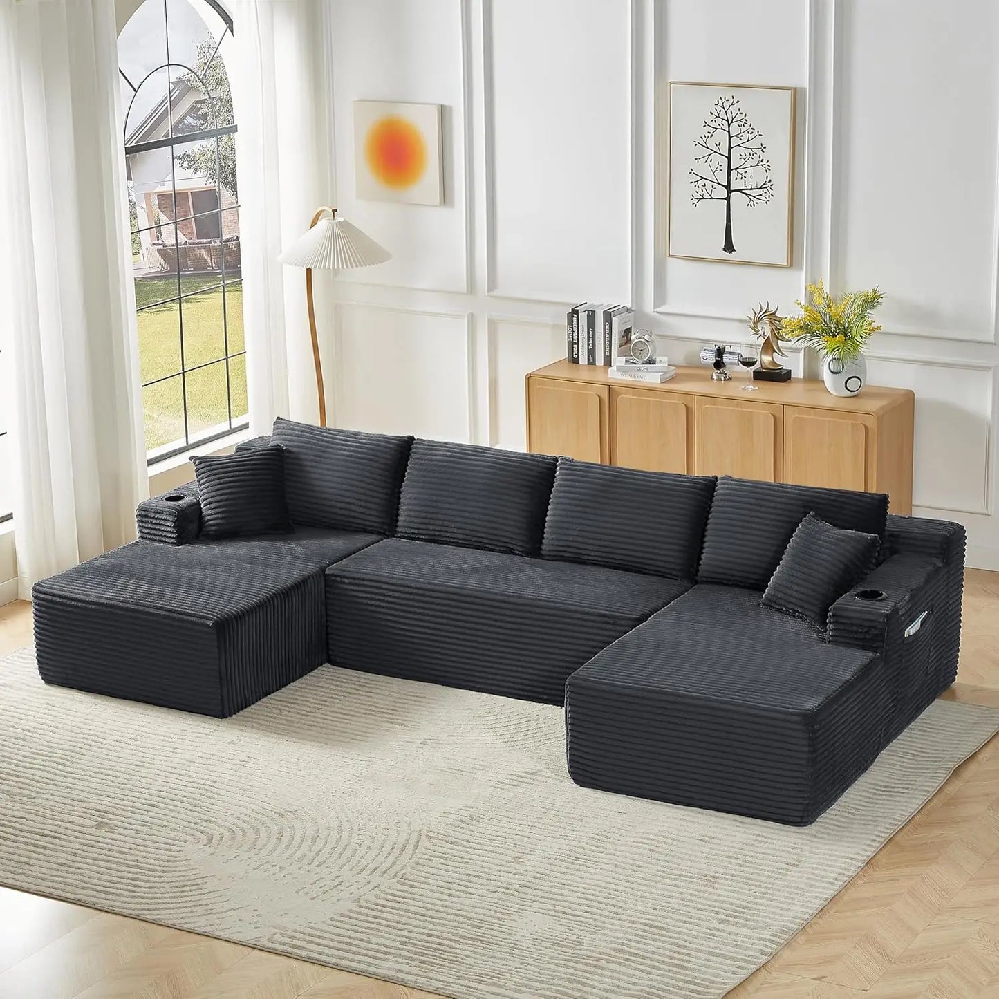 133" Oversized Modular Sectional Cloud Couch With Cup Holders, U Shaped Comfy Boneless Memory Foam Couches For Living Room, Plus