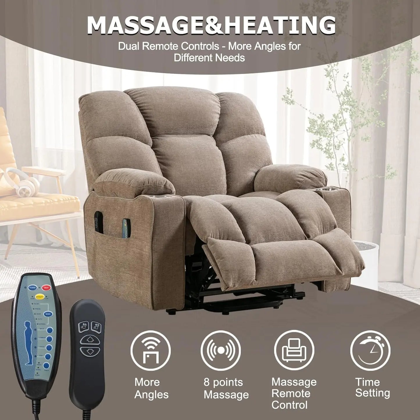 EBELLO Oversized Power Lift Recliner Chair for Elderly, Electric Recliner Chair with Massage and Heating with USB Port