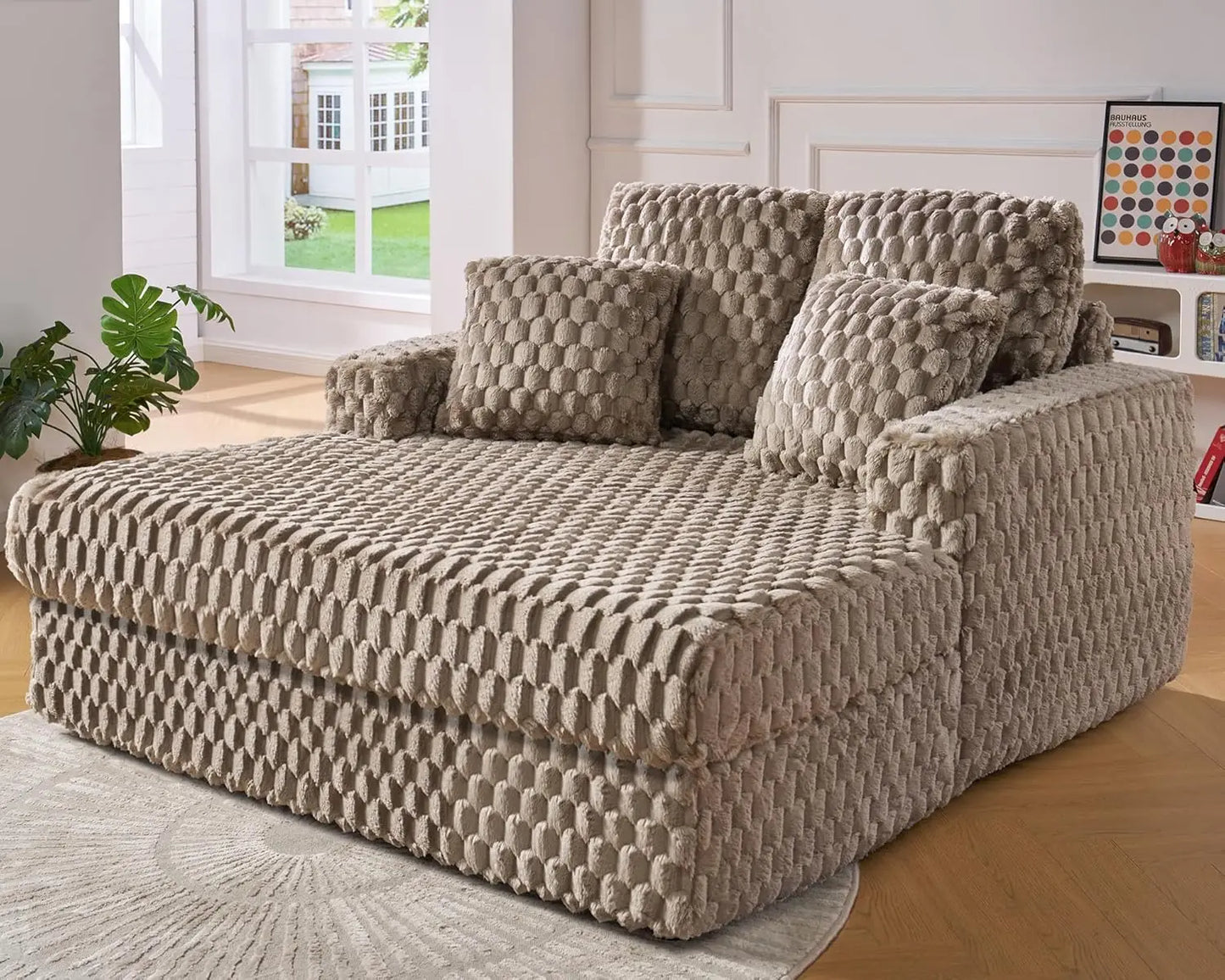 53 Inch Chaise Lounge Indoor, Upholstered Sofa Bed with Throw Pillows and Armrests, Sleeper Bed- Plush Lounge Chair for Living R