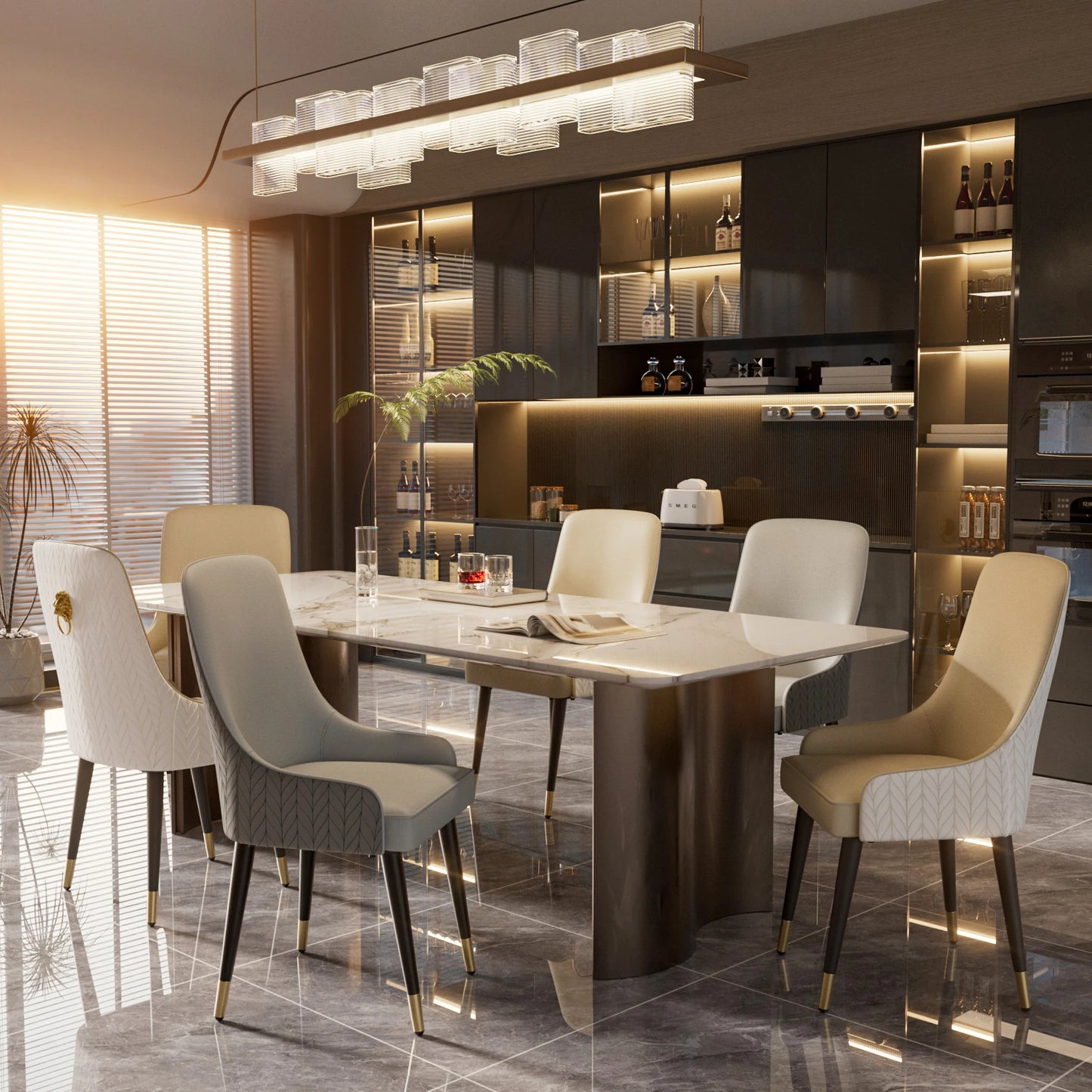 Modern PU Leather Set of 2 Dining Chairs with Metal Legs High Tufted Back Lion Head Pull Ring