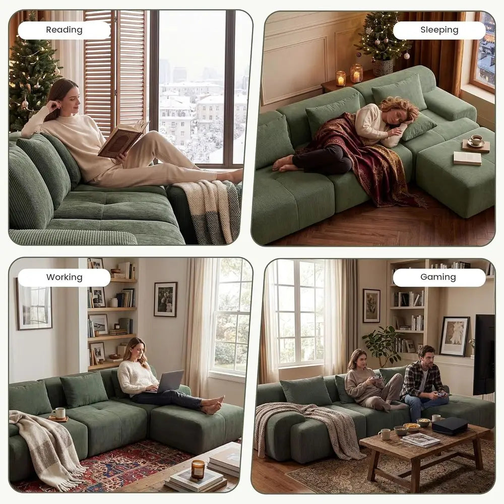 Green Oversized L-Shape Sectional Sofa with Deep Seat, Ottoman, and 3 Pillows