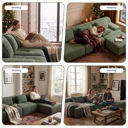 Green Oversized L-Shape Sectional Sofa with Deep Seat, Ottoman, and 3 Pillows