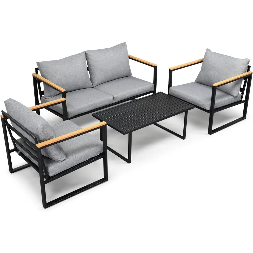 Outdoor Metal Patio Furniture Sets 4-Piece, Sectional Outdoor Conversation Sets w/Iron Coffee Table, Patio Couch with Rem