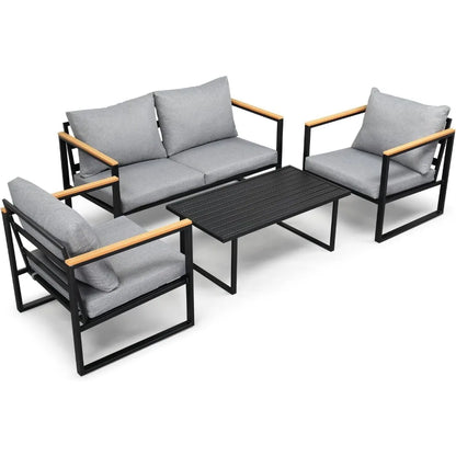Outdoor Metal Patio Furniture Sets 4-Piece, Sectional Outdoor Conversation Sets w/Iron Coffee Table, Patio Couch with Rem