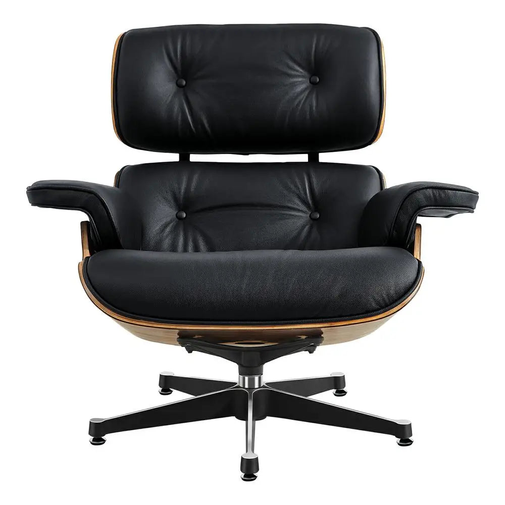 TY307 Classic Recliner with Ottoman Light acid Branch Armchair Black Cowhide Black Big Head Foot Swivel Deck Chair Clean Lines