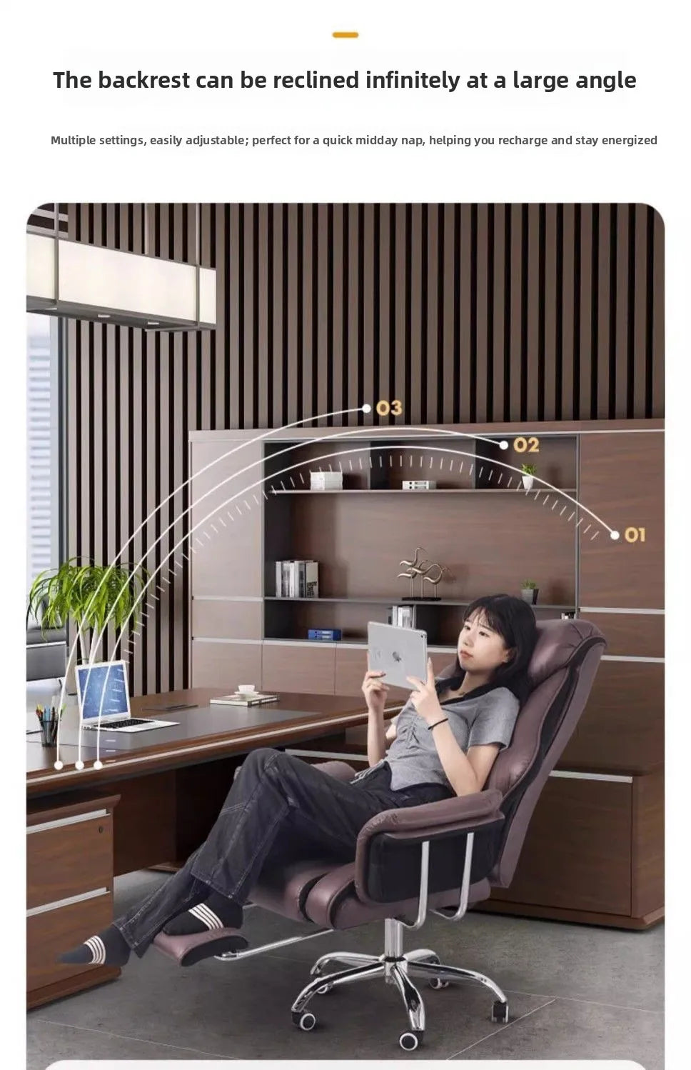 Ergonomic Reclining Office Chair with Footrest PU Leather Executive Swivel Computer Desk Chair Aluminum Base for Home Office