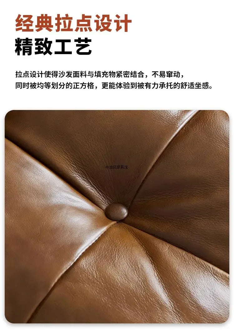 Medieval oil wax leather creative sofa living room retro old caramel color large straight row sofa