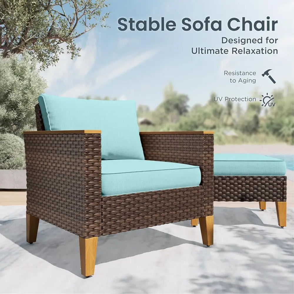 2 Pieces Patio Sofa Set, Rattan Sofa Set with Deep Seating or Poolside, Garden 2 x Single Sofa, Aqua Blue