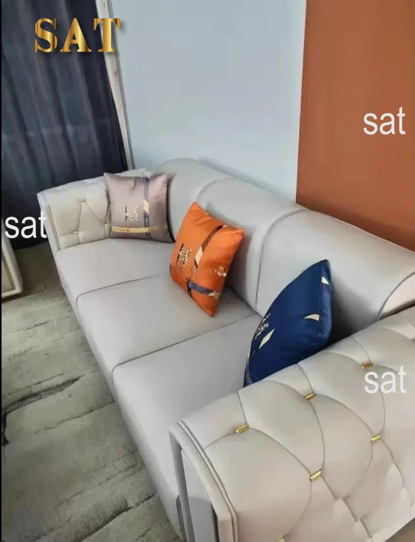 -Modern Luxury High-end Living Room Sofa Set Furniture Upholstered Full Leather Button Tufted Sofa Home