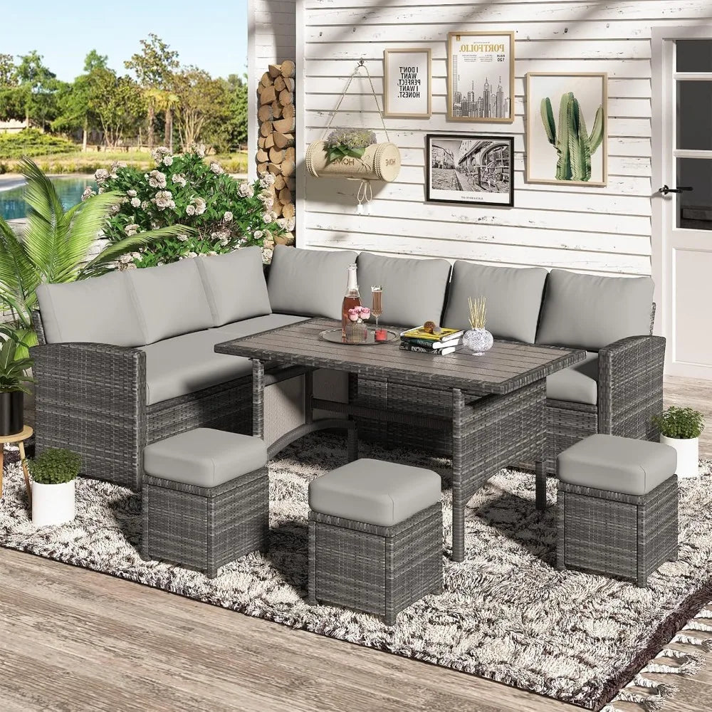 All-Weather Wicker Outdoor Sectional Sofa Set with Patio Dining Table and Chairs