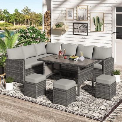 All-Weather Wicker Outdoor Sectional Sofa Set with Patio Dining Table and Chairs