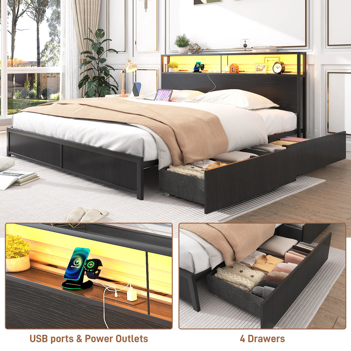 LED Bed Frame Full/QueenKing Size with 2 USB Ports and Outlets, Platform Metal Bed Frame with 4 Storage Drawers and Headboard