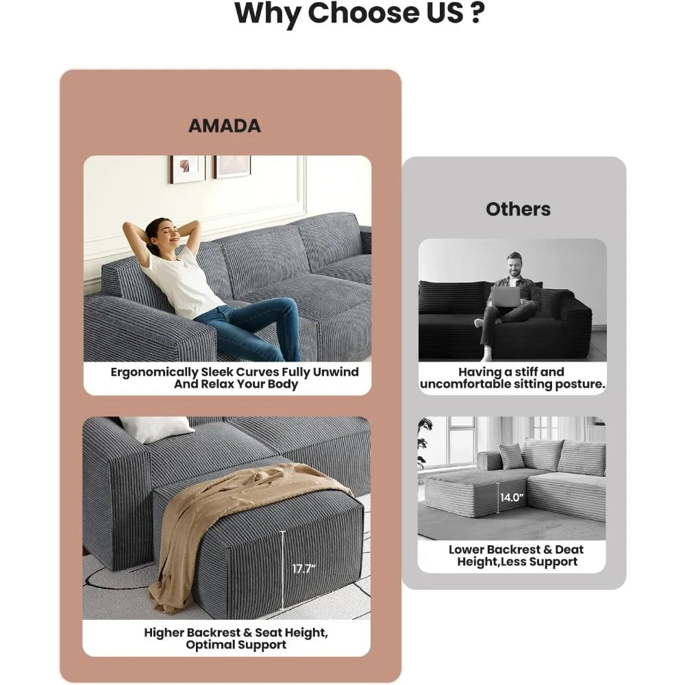 80 L Shaped Sofa Modular, Corduroy  Couches with Deep Seats &High-Back, Upholstered Couches for Living Room Bedroom