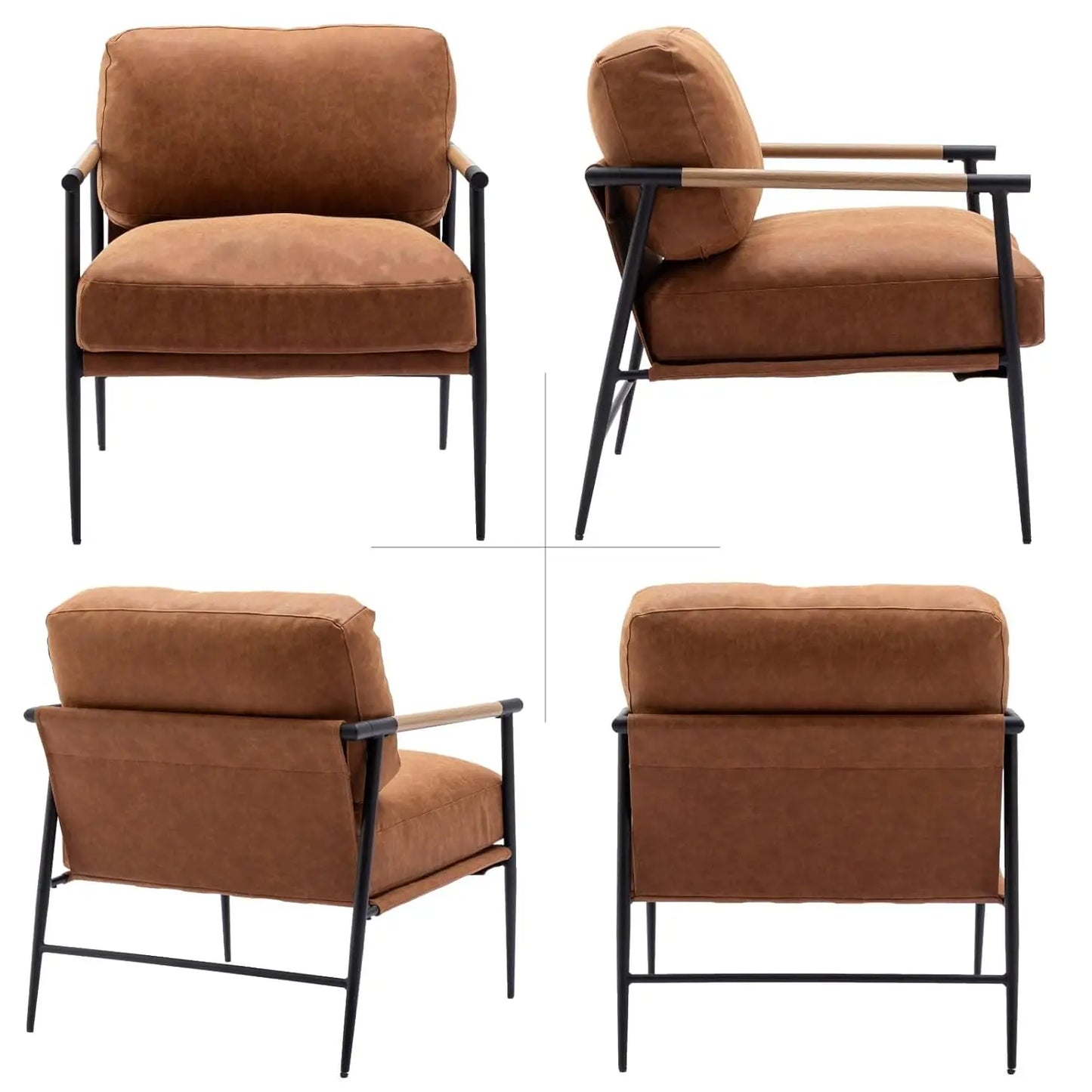 Mid-Century Leather Accent Chair Brown Modern Living Room Chair with Metal Legs Armchair Upholstered Comfy Leisure, Customized