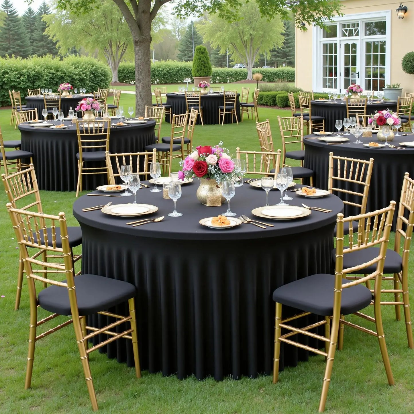 5ft 6ft Elastic Ruffled Round Spandex Table Cover,Stretch Skirt Table Cloth for Wedding Party Dinning Banquet Event Hotel