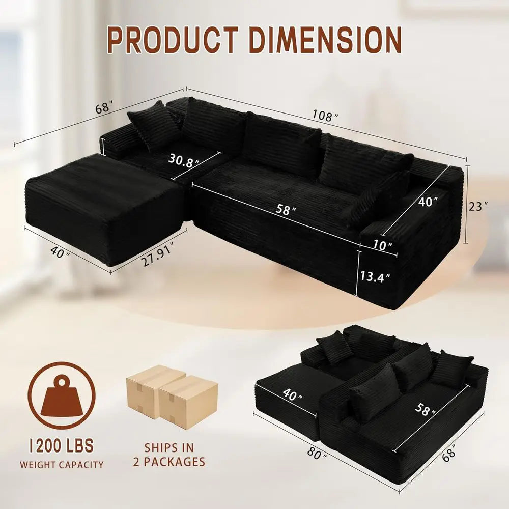108" Sectional Couches for Living Room, Modular Sectional Sofa with L-Shape Chaise, Cloud Couch, Comfy Corduroy Fluffy Couch