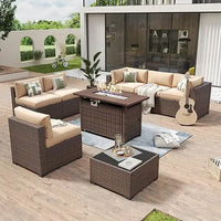 8 Piece Patio Furniture Set with 44” Fire Pit Table Wicker Rattan Outdoor Sectional Sofa Set with Coffee Table and Thickened Cu