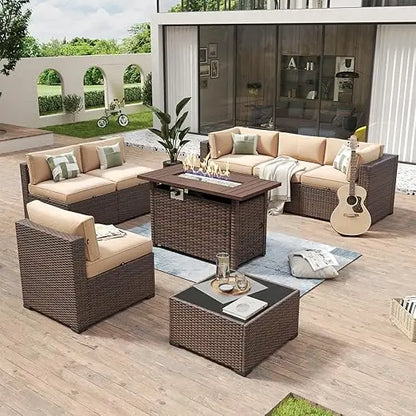 8 Piece Patio Furniture Set with 44” Fire Pit Table Wicker Rattan Outdoor Sectional Sofa Set with Coffee Table and Thickened Cu