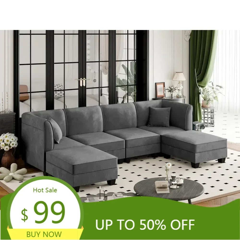 u-shaped velvet sectional sofa with reversible chaise for 6 people, 116" large living room furniture