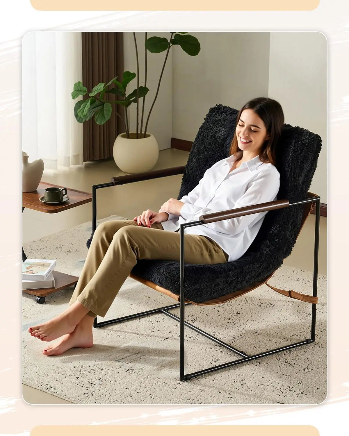Modern Plush Fleece Accent Chair with Metal Frame & Wooden Armrests for Living Room, Bedroom, Balcony