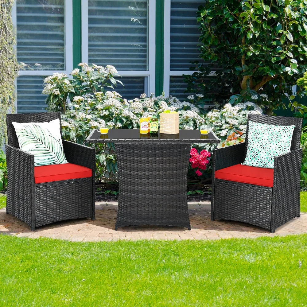 Patio 3PCS Rattan Furniture Set Cushion Sofa Armrest Garden Deck Red
