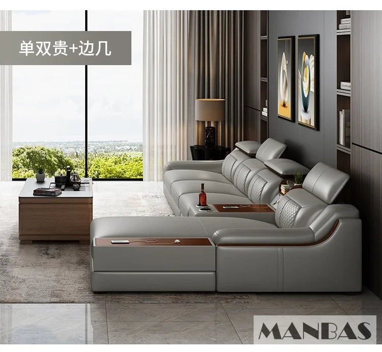 Modern Italian Genuine Leather Sofa for Living Room with Cup Holder, USB, Adjustable Headrests & Bluetooth Speaker - Linlamlim