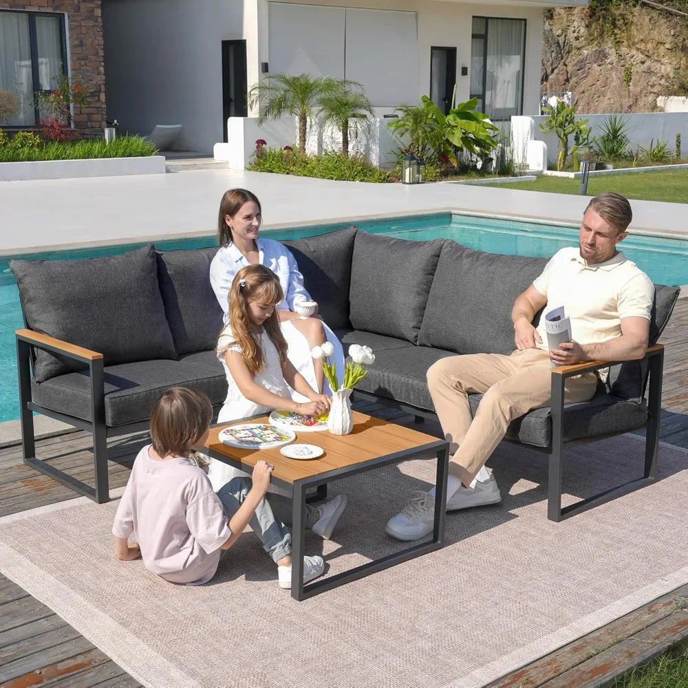 Metal Patio Furniture Set, 6 Pieces Outdoor Sectional Sofa Set with Side Table, L Shape Patio Conversation Set with Faux-Wood