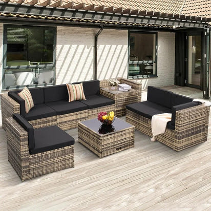 HOME-8 Piece Outdoor Wicker Patio Furniture Sectional Set, Glass Top Table With Hidden Storage, Includes 7 Seating Componentscam