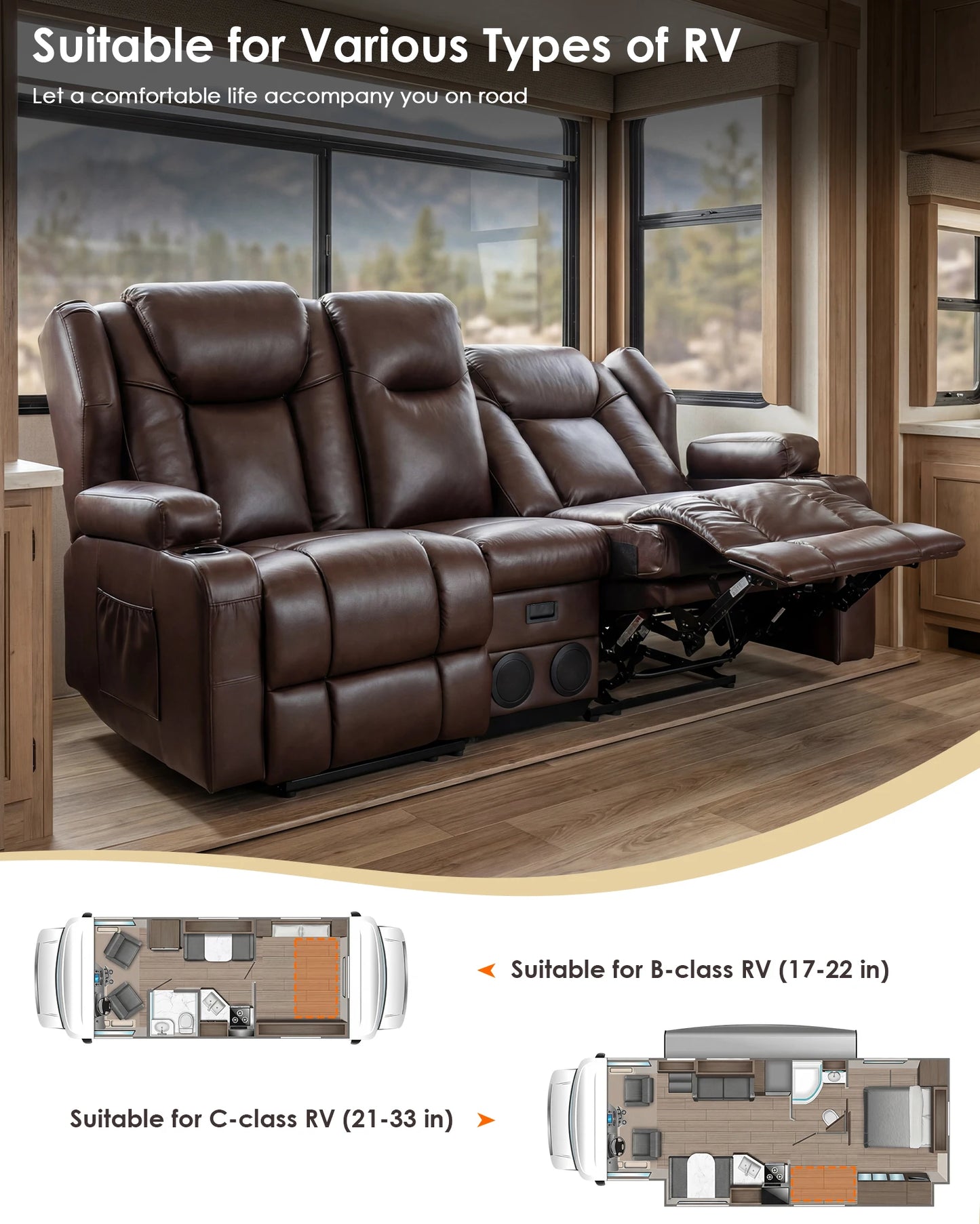 Redlife Loveseat Recliner Sofa with Console,Manual Pull Reclining Couch,Heating & Massage,USB & Power Outlet,Home Theater&RV