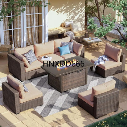 7 Piece Patio Furniture Set with  Fire Pit Table Outdoor Sectional Conversation Sofa Set with Coffee Table
