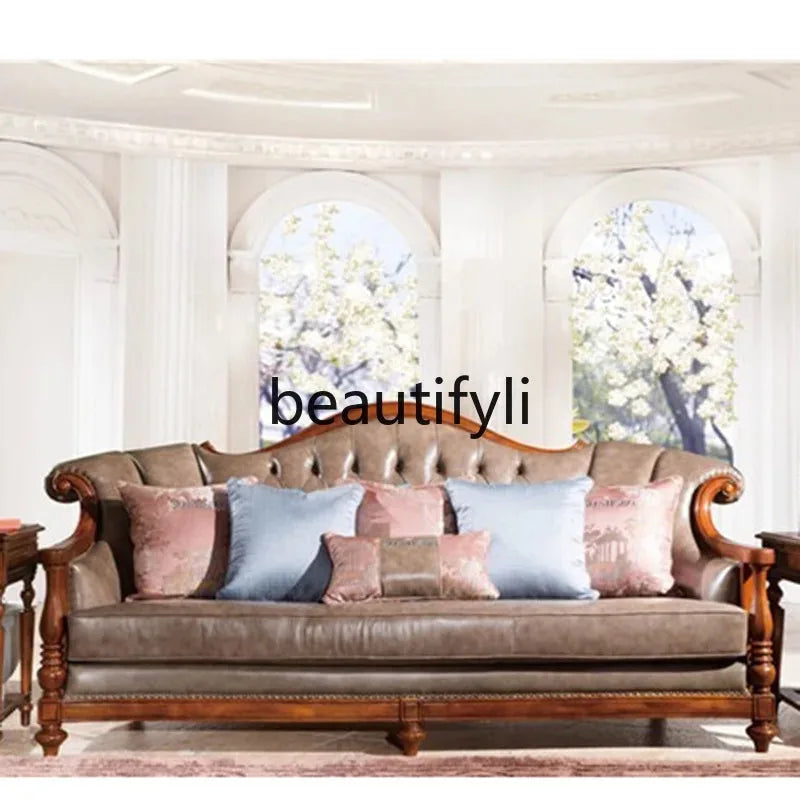 QQ132 American Style Genuine Leather Art Solid Wood Sofa Country  Light Luxury Retro European Style Combination Carved Solid Woo