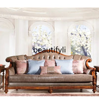 QQ132 American Style Genuine Leather Art Solid Wood Sofa Country  Light Luxury Retro European Style Combination Carved Solid Woo