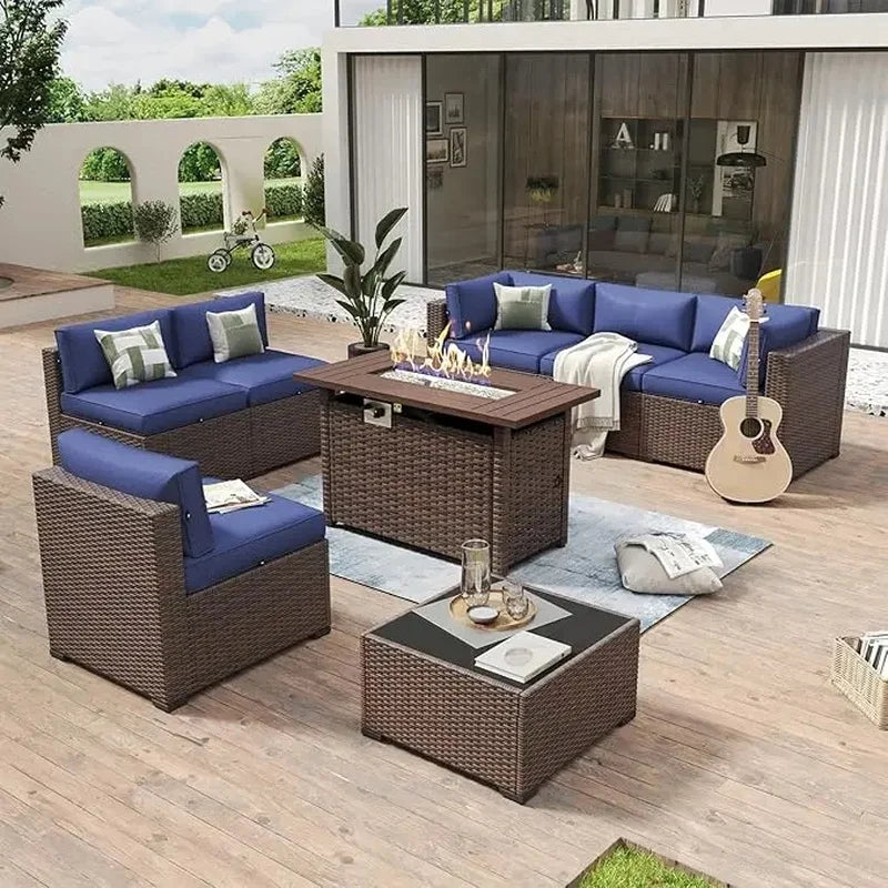8 Piece Outdoor Patio Furniture Set with 44” Fire Pit Table, Rattan Wicker Sectional Sofa and Coffee Table with Thick Cushions