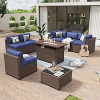 8 Piece Outdoor Patio Furniture Set with 44” Fire Pit Table, Rattan Wicker Sectional Sofa and Coffee Table with Thick Cushions