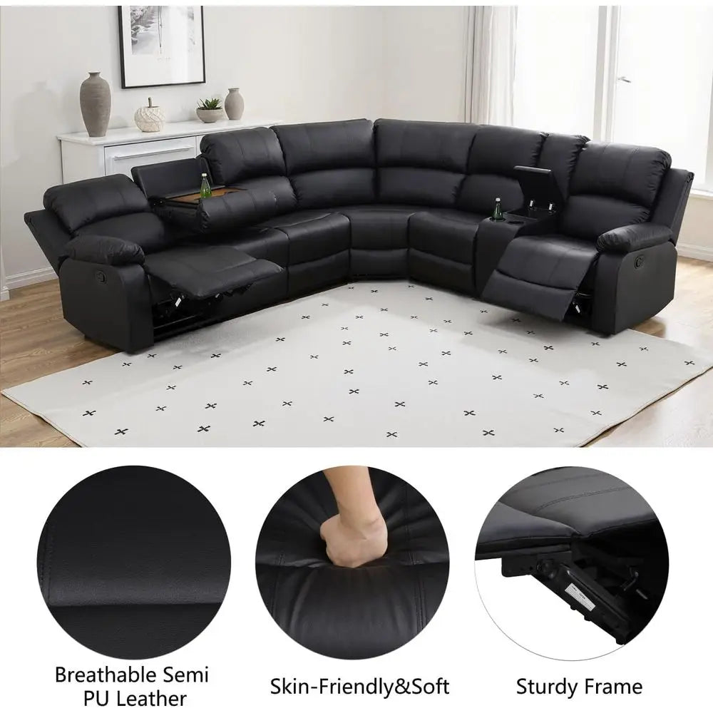 Manual Recliner Sectional Soa Set, aux Leather Reclining Sectional Couch with Cup Holders & Storage ole, L Shape Manual Sectiona