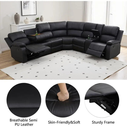Manual Recliner Sectional Soa Set, aux Leather Reclining Sectional Couch with Cup Holders & Storage ole, L Shape Manual Sectiona