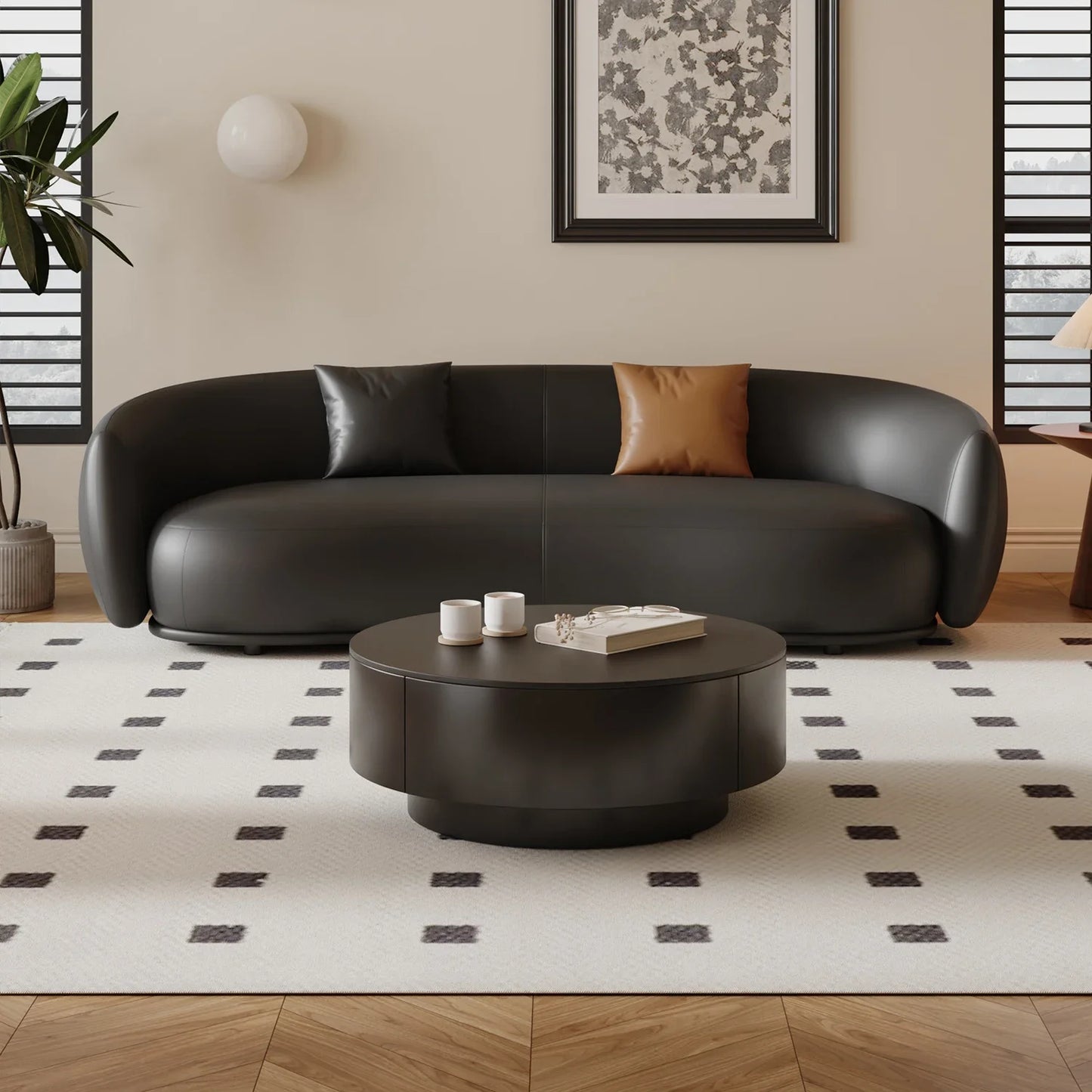small apartment curved beauty salon Internet celebrity clothing store, rest area negotiation, black leather sofa