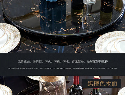 HTT marble dining table and chair combination carved round table for household8 people round  with turntable furniture