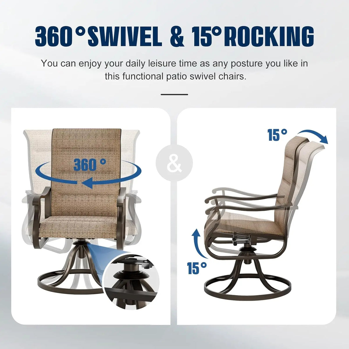 Patio Swivel Chairs Set of 2, Outdoor Dining Chairs High Back with Padded All Weather Breathable Textilene, Customized