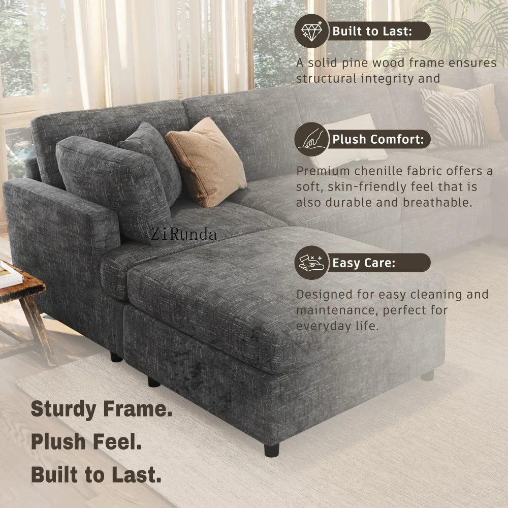 127 inch U-shaped segmented sofa with movable Ottoman style, 6-piece set of chenille fabric sofa