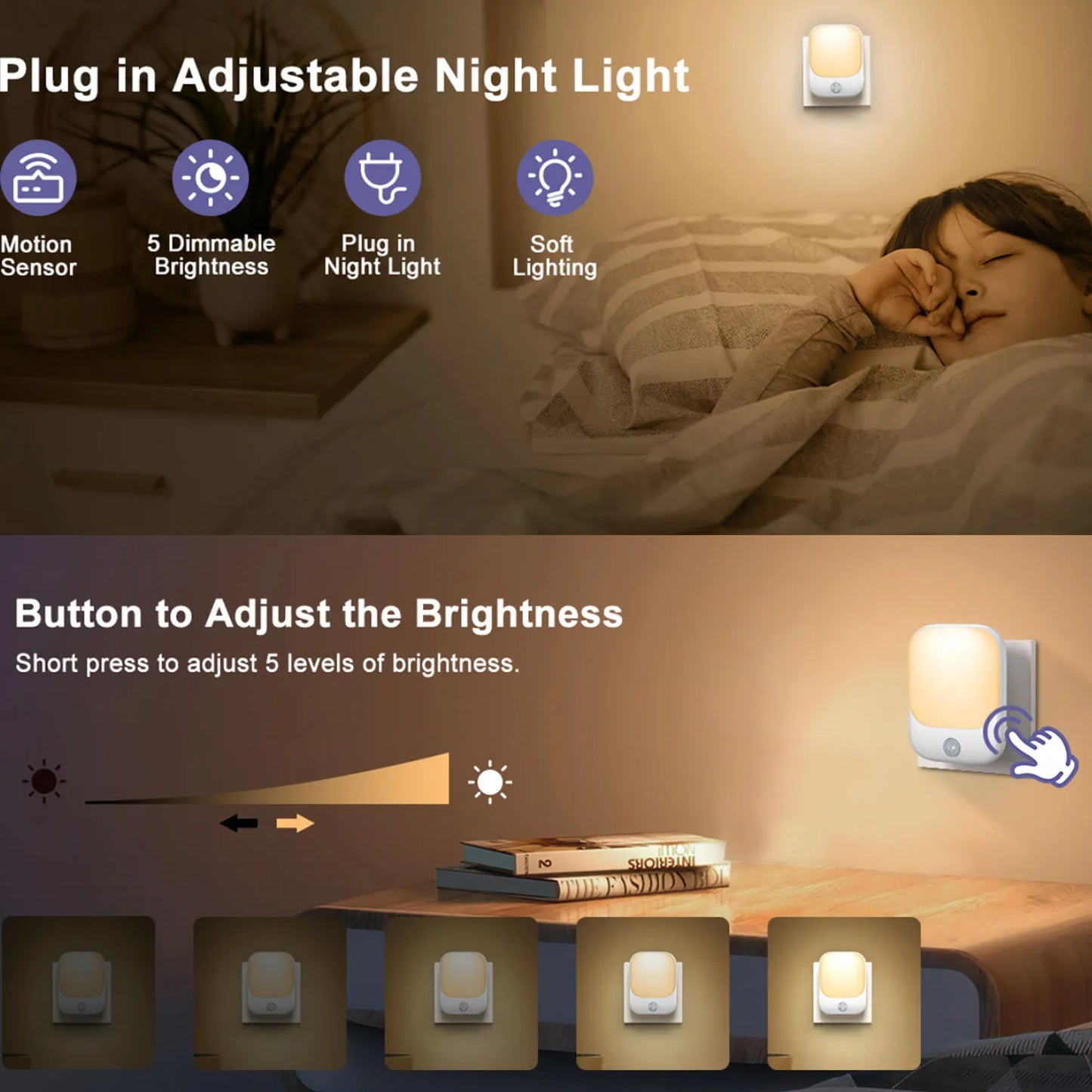 1pc/2pcs EU Plug in LED Motion Sensor Night Lights for Kids Bedroom Auto Dusk to Dawn Sensor Dimmable Wireless Cabinet Lamp