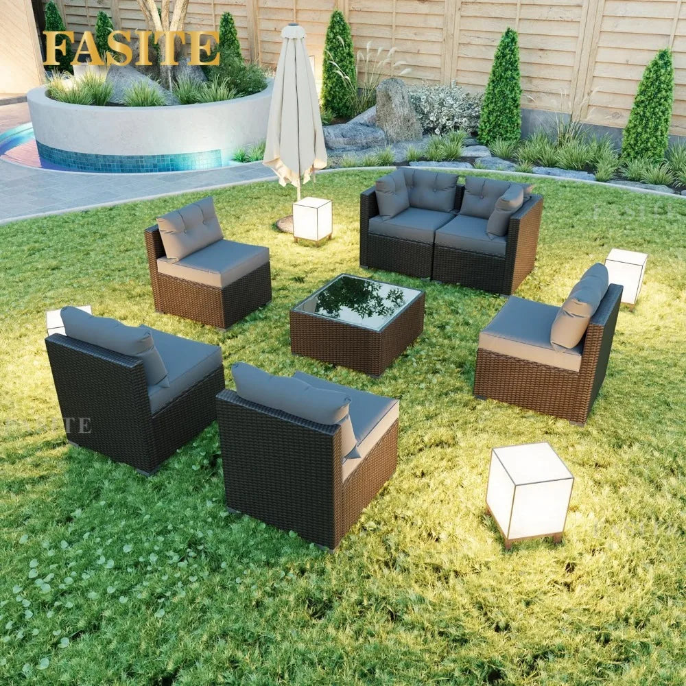 7 Pieces Patio Sofa Set Outdoor Furniture Sectional All-Weather Wicker Rattan with Back Cushions,Garden Sofa Conversation Grey