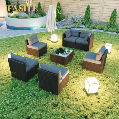 7 Pieces Patio Sofa Set Outdoor Furniture Sectional All-Weather Wicker Rattan with Back Cushions,Garden Sofa Conversation Grey