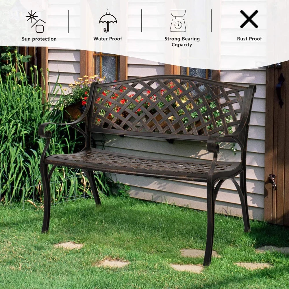 40.5 Patio Garden Bench, Anti-Rust Cast Iron Cast Aluminum Frame for Outdoor Path Yard Lawn Work Entryway Decor Deck