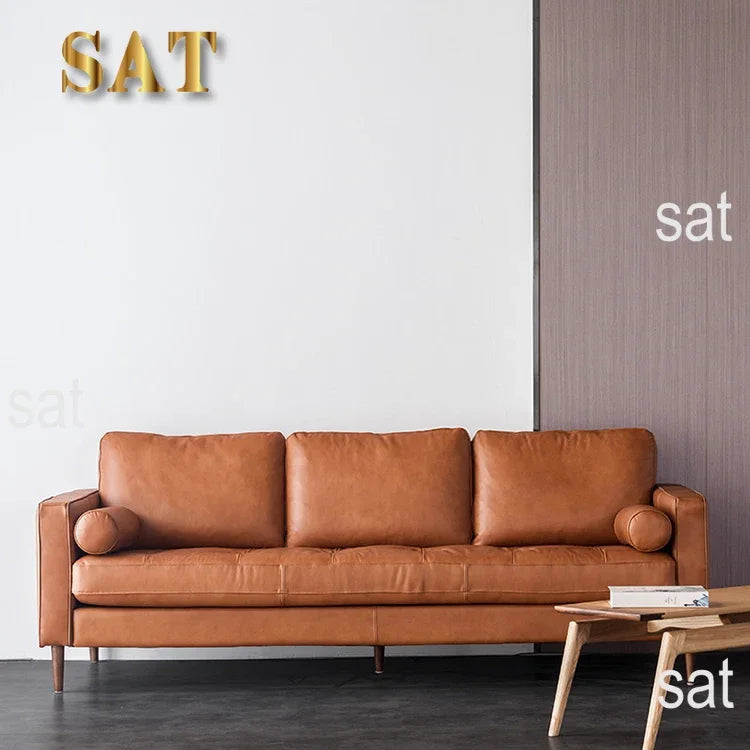 for Mid Century Modern Genuine Leather 3 Seat Sofa Home Furniture Vintage Wood Leg Sofa Living Room Sofas Set