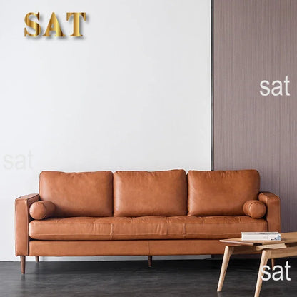 for Mid Century Modern Genuine Leather 3 Seat Sofa Home Furniture Vintage Wood Leg Sofa Living Room Sofas Set
