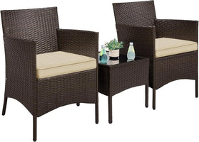 3 Pieces Patio Porch Furniture Set Outdoor PE Rattan Wicker Conversation Set with Soft Cushions Glass Coffee Table 2 Chairs for